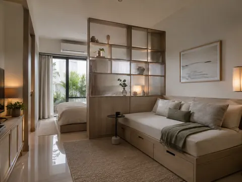 Studio living and sleep: Daybed and storage divider, Ash veneer and Cream cotton