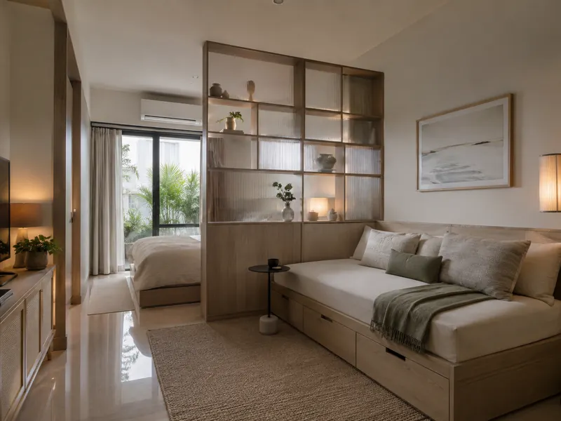Studio living and sleep: A daybed and a light divider give a studio separate places to relax and sleep without constructing another enclosed room.