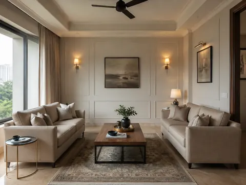 Formal compact lounge: Facing sofas, Taupe fabric and Painted moulding