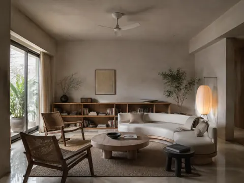 Quiet TV-free living: Conversation circle, Natural linen and Pale timber