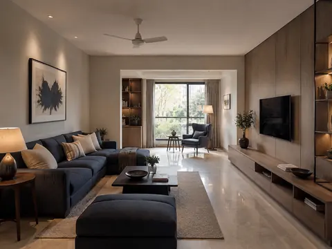 Long-room living: Two linked seating zones, Ink upholstery and Oak veneer