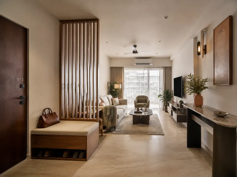 Entry-to-lounge transition: A light screen shields the sofa from the front door while a small bench gives bags and shoes a place near the entrance.