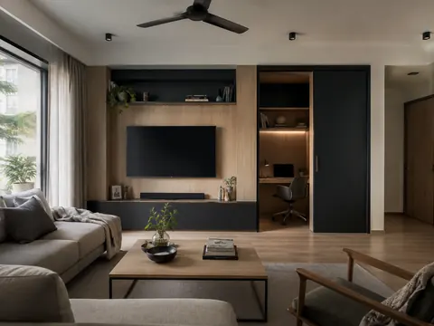 Working living room: Sofa and recessed desk, Oak laminate and Warm grey fabric