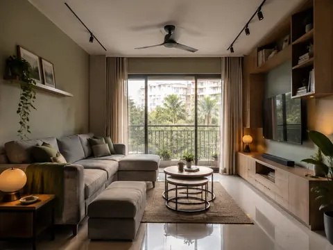 Small-space hosting: Modular sofa layout, Warm grey fabric and Oak laminate