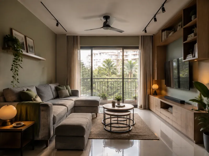 Small-space hosting: An ottoman can join the sofa or become an extra seat, making a small room adaptable when friends visit.