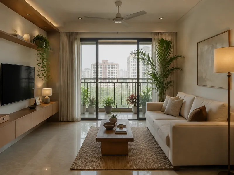 Sunlit balcony connection: A sofa placed beside rather than across the glazing preserves the balcony connection and allows daylight to travel deeper into the flat.