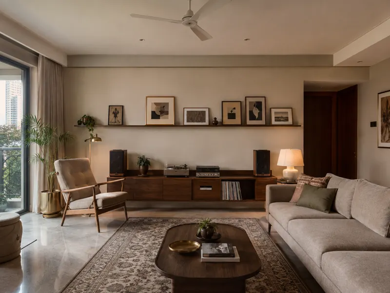 Music and conversation: A low cabinet makes space for a music setup beside a comfortable conversation area with a restrained gallery ledge.
