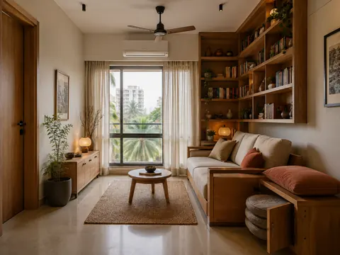 The corner library: L-shaped shelves and sofa, Honey oak and Cotton weave