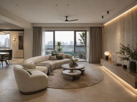 Soft curve living: Curved sofa group, Boucle-look upholstery and Travertine-look porcelain