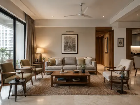 Multigenerational living: Sofa and upright armchairs, Firm woven upholstery and Oak timber