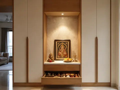 Mandir within a storage wall: Recessed central niche, Ivory laminate and Oak veneer