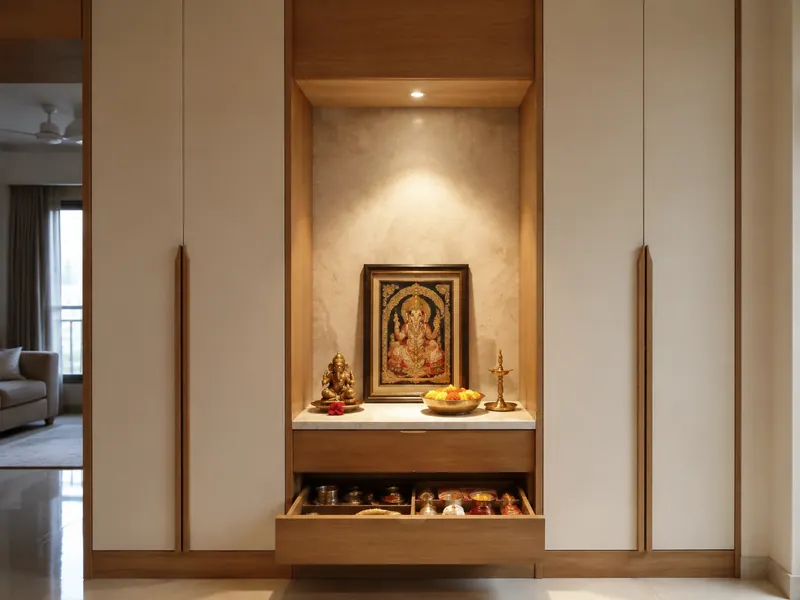 Mandir within a storage wall: A prayer niche sits within a larger storage wall, with related supplies kept in a dedicated drawer instead of mixed with household clutter.