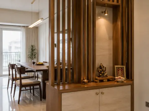 Mandir and dining divider: Double-sided room divider, Oak battens and Cream stone