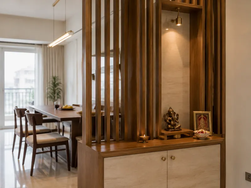 Mandir and dining divider: A furniture divider defines the dining area and creates a prayer niche on one face without making a fully enclosed room.