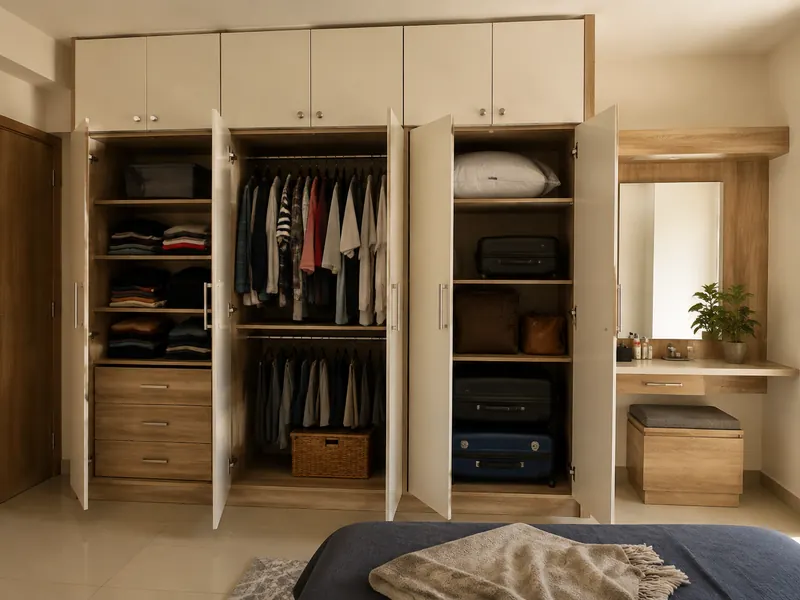 The everyday hinged wardrobe: A straightforward wardrobe wall separates everyday clothing from occasional luggage, with doors that reveal each section fully.