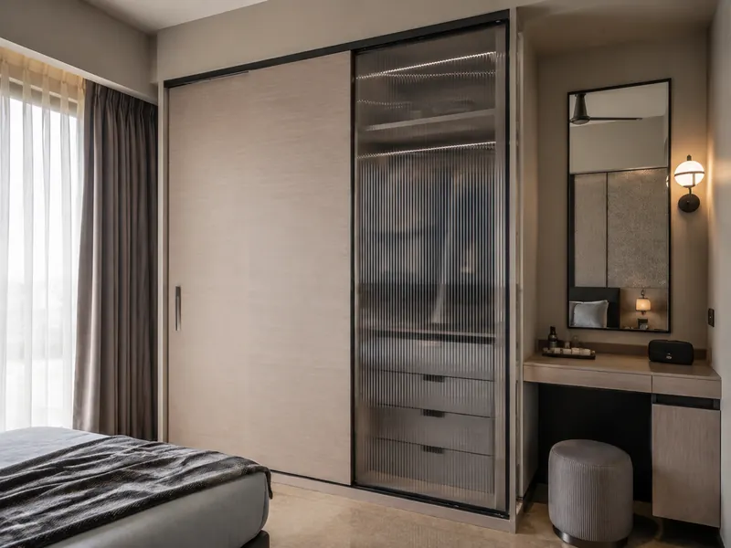 Sliding wardrobe for narrow rooms: Sliding doors avoid swinging into a narrow bedside route while a glazed panel lightens the storage wall.