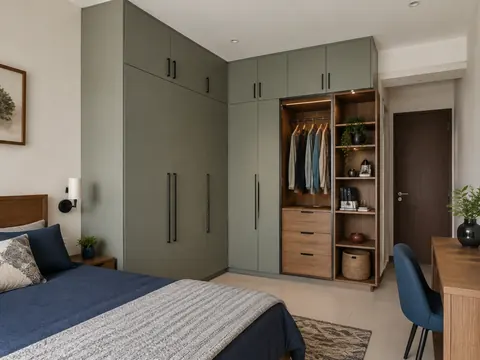 Corner wardrobe return: L-shaped wardrobe, Sage laminate and Oak interiors
