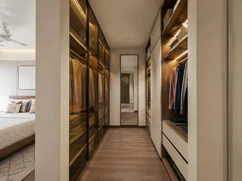 Walk-through dressing passage: Facing wardrobe runs, Walnut veneer and Cream laminate