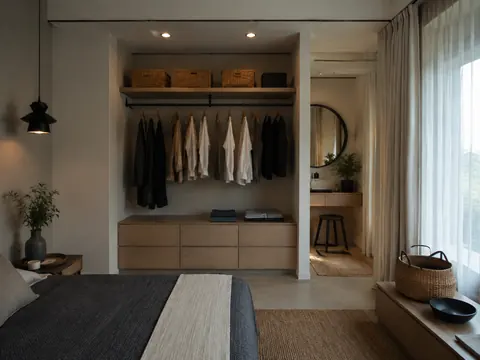 Open dressing alcove: Open wardrobe niche, Ash veneer and Woven baskets