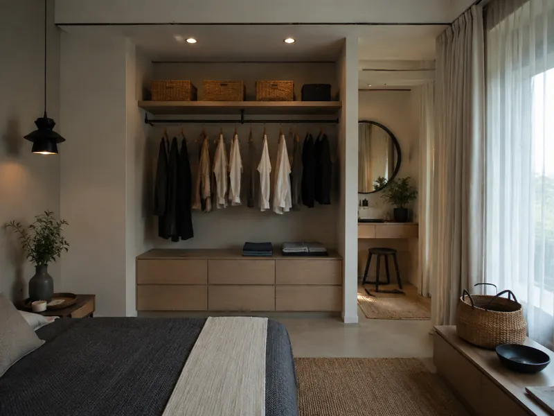 Open dressing alcove: An open dressing alcove keeps a small selection of frequently used clothes visible, with folded items in lower drawers.