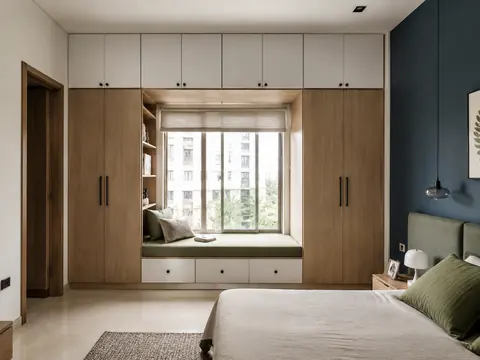 Wardrobe and reading seat: Window-framing storage, Pale oak and White laminate