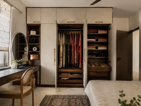Saree and occasion wardrobe: Hinged wardrobe with shallow drawers, Teak-look laminate and Linen-texture fronts