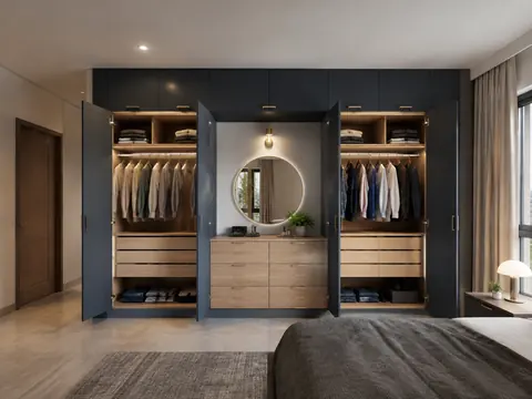 His-and-hers storage wall: Paired hinged sections, Ink fronts and Oak interiors