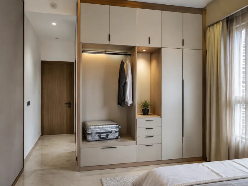 Guest wardrobe and luggage bay: A guest room wardrobe combines a modest clothing section with a visible place to set down a suitcase.