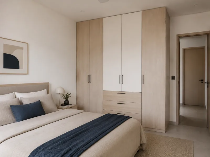 Bedroom design concept with pale oak, warm white and ink-blue accents