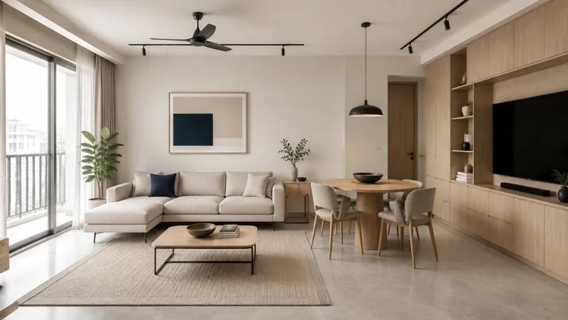 Living & dining design concept with pale oak, warm white and ink-blue accents