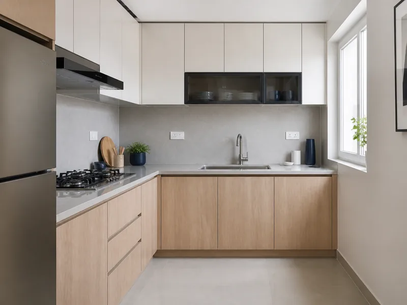 Modular kitchen design concept with pale oak, warm white and ink-blue accents