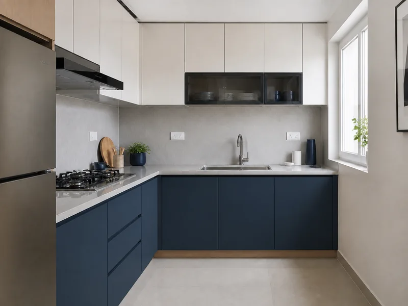 Same kitchen concept with ink-blue lower cabinet fronts